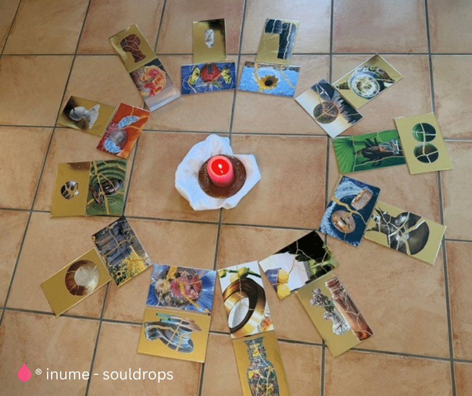 Mehrere im SoulCollage® & Kintsugi Workshop entstandene Karten mit goldenen Linien